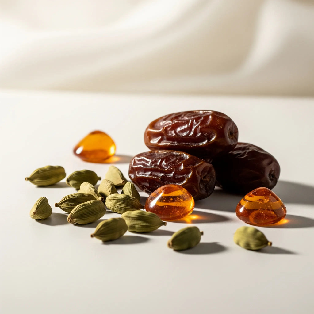 Olfactory notes of the perfume with sweet dates, spicy cardamom and a warm amber base.