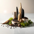 Olfactory notes of the perfume with smoky woods, intense black pepper, nutmeg and a green touch of moss.