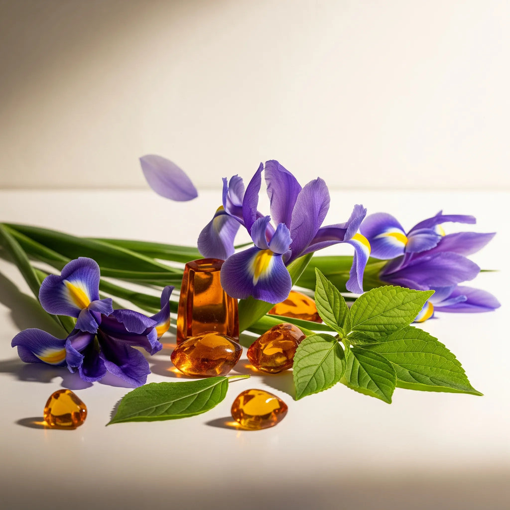 Olfactory notes of the perfume with elegant iris, fresh green leaves and a warm amber background.