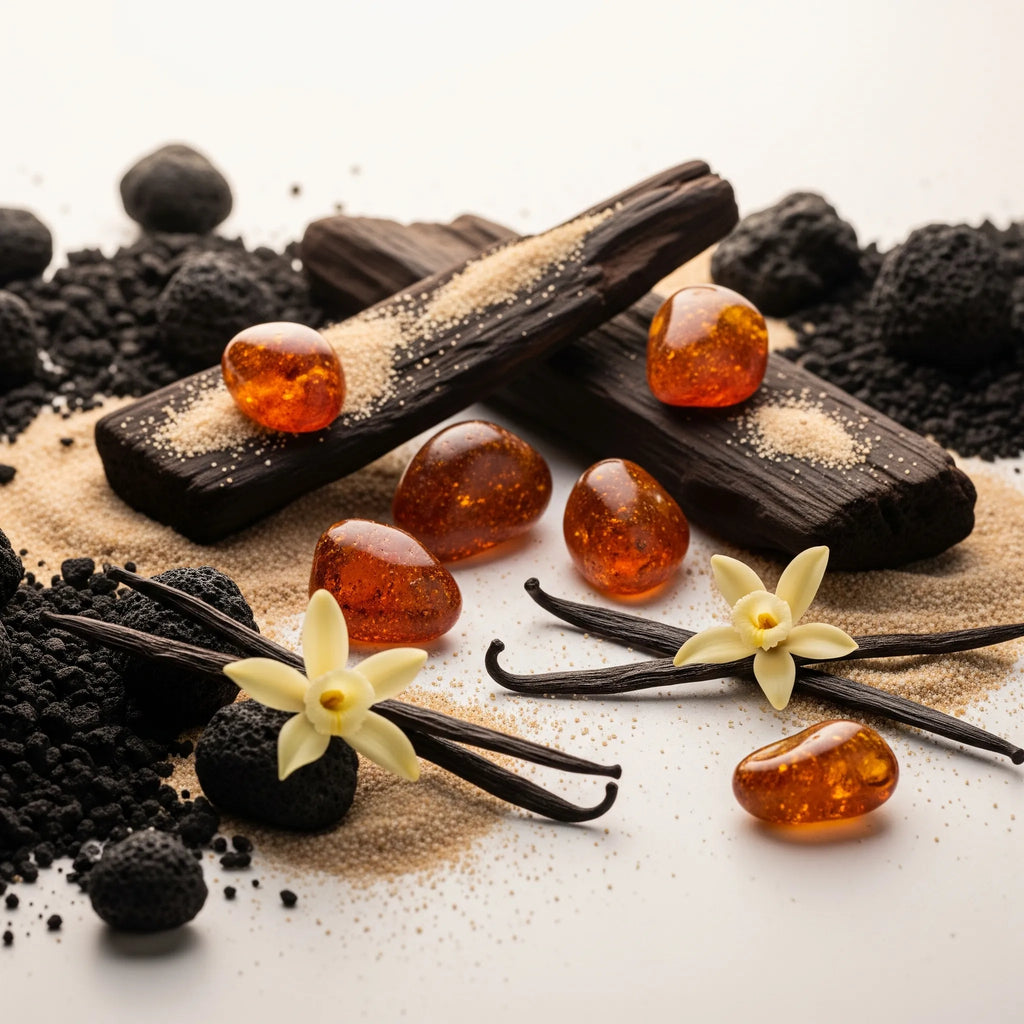 Olfactory notes of the perfume with warm amber, soft vanilla, dark woods and a mineral touch.