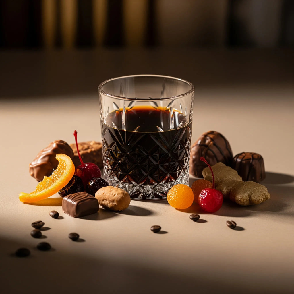 Olfactory notes of the perfume with dark liquor, intense chocolate, candied fruits and a touch of coffee.