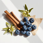 Blueberry, vinyl and sandalwood representing the olfactory notes of the perfume.