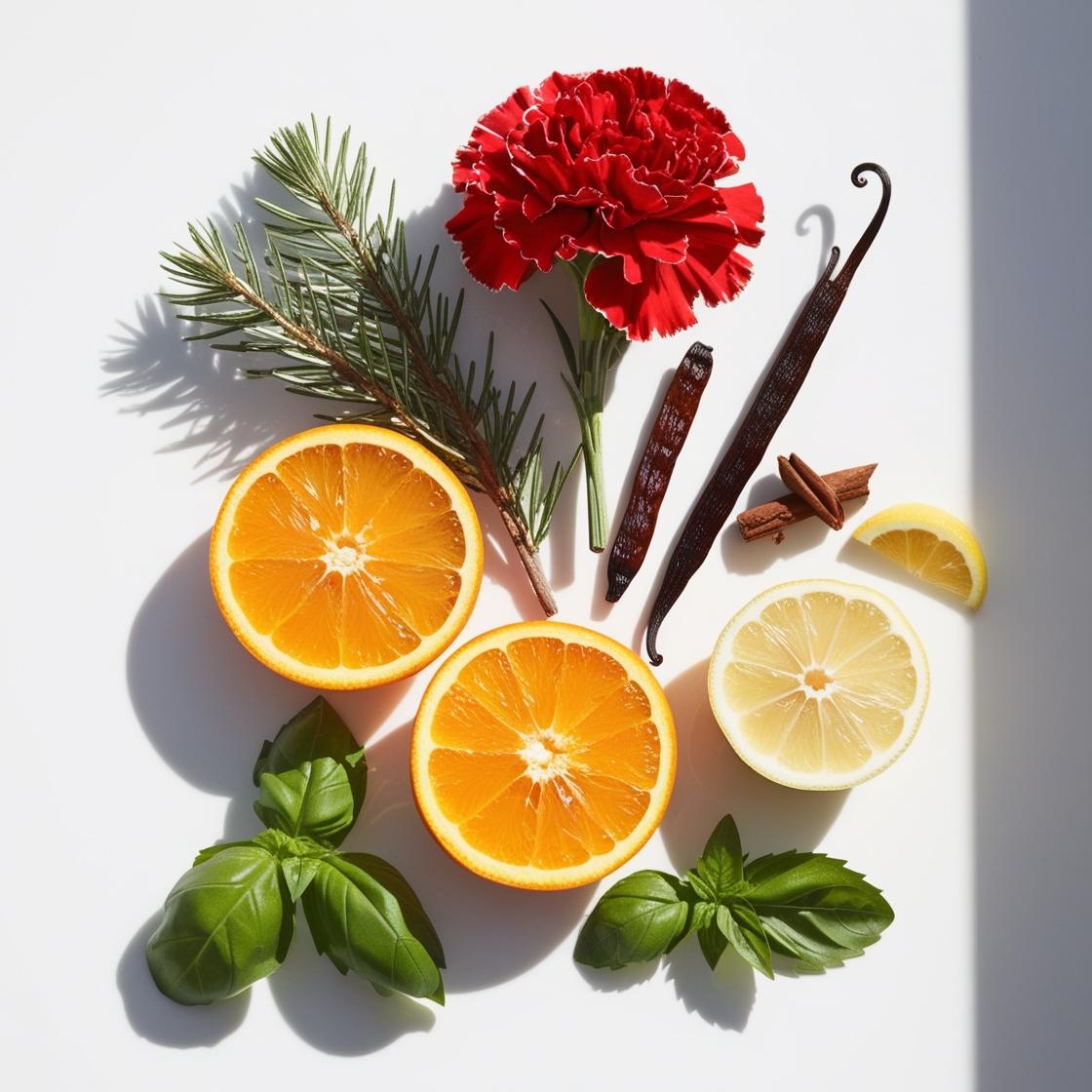 Mandarin, lemon, carnation and vanilla representing the olfactory notes of the perfume.