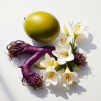 Mango, freesia and violet root representing the olfactory notes of the perfume.