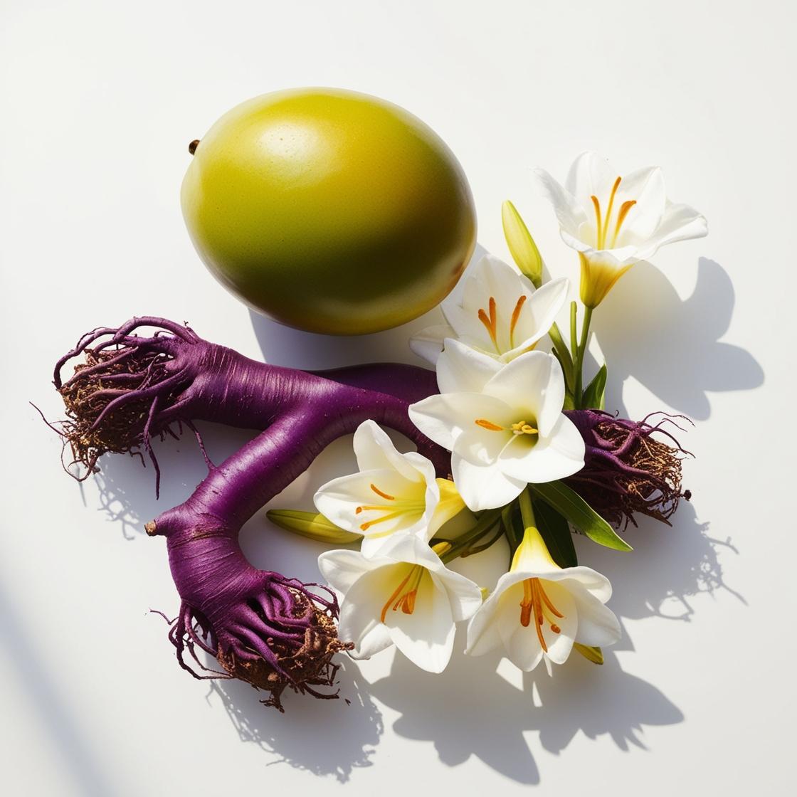 Mango, freesia and violet root representing the olfactory notes of the perfume.