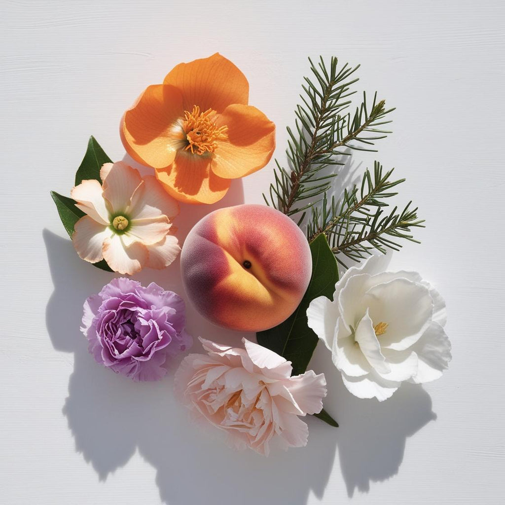Peach, calendula, violet and gardenia representing the olfactory notes of the perfume.