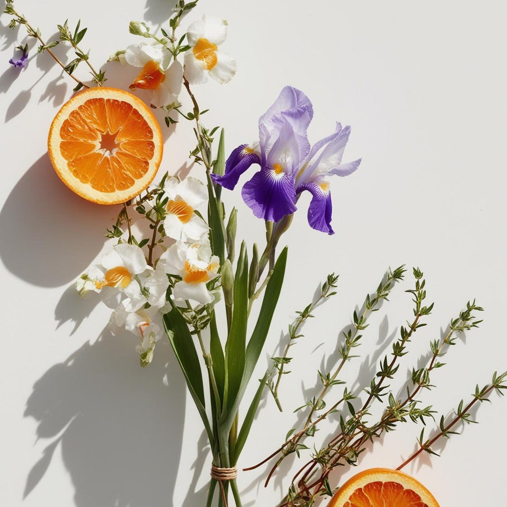 Orange blossom, iris flower and thyme representing the olfactory notes of the perfume.
