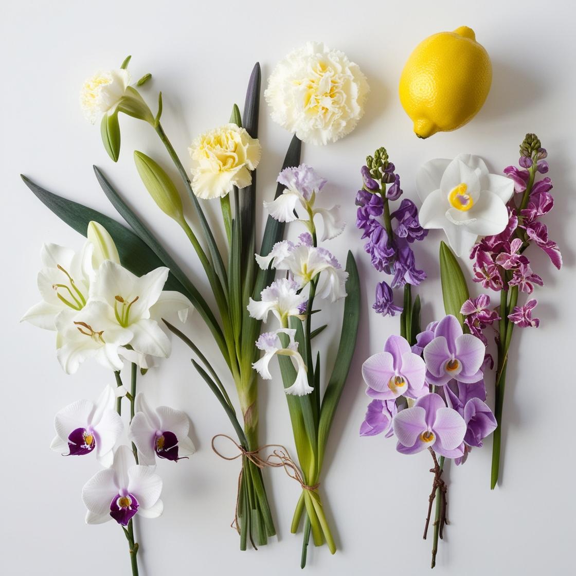 Lemon, orchid and lily representing the olfactory notes of the perfume.