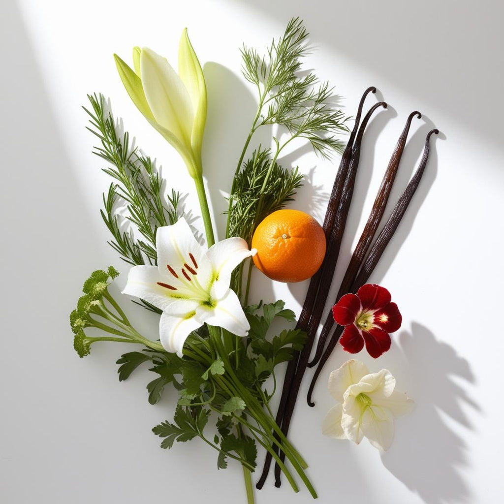 Chamomile, orange blossom and jasmine representing the olfactory notes of the perfume.