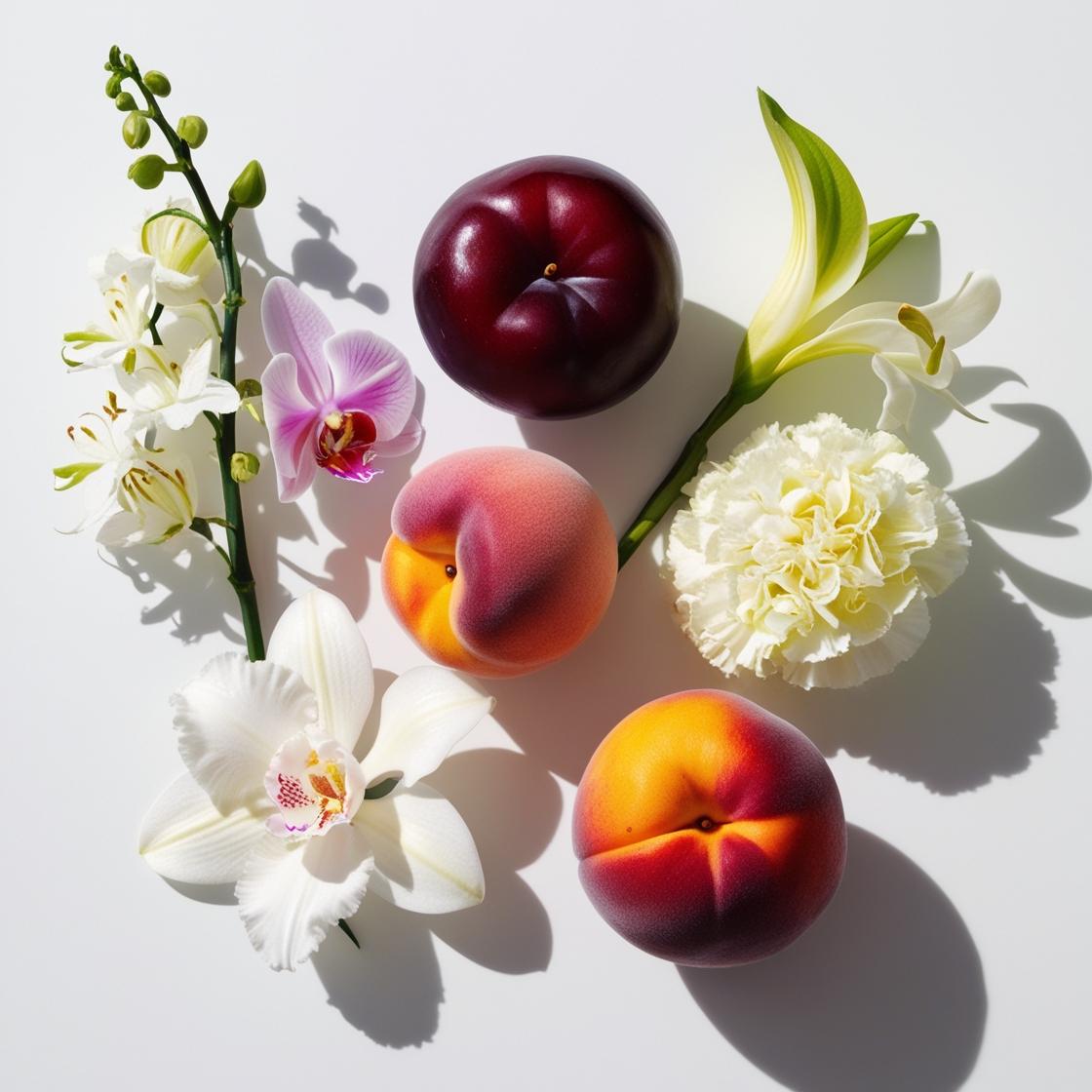 Peach, carnation and orchid representing the olfactory notes of the perfume.