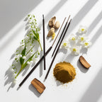 Incense, jasmine and myrrh representing the olfactory notes of the perfume.