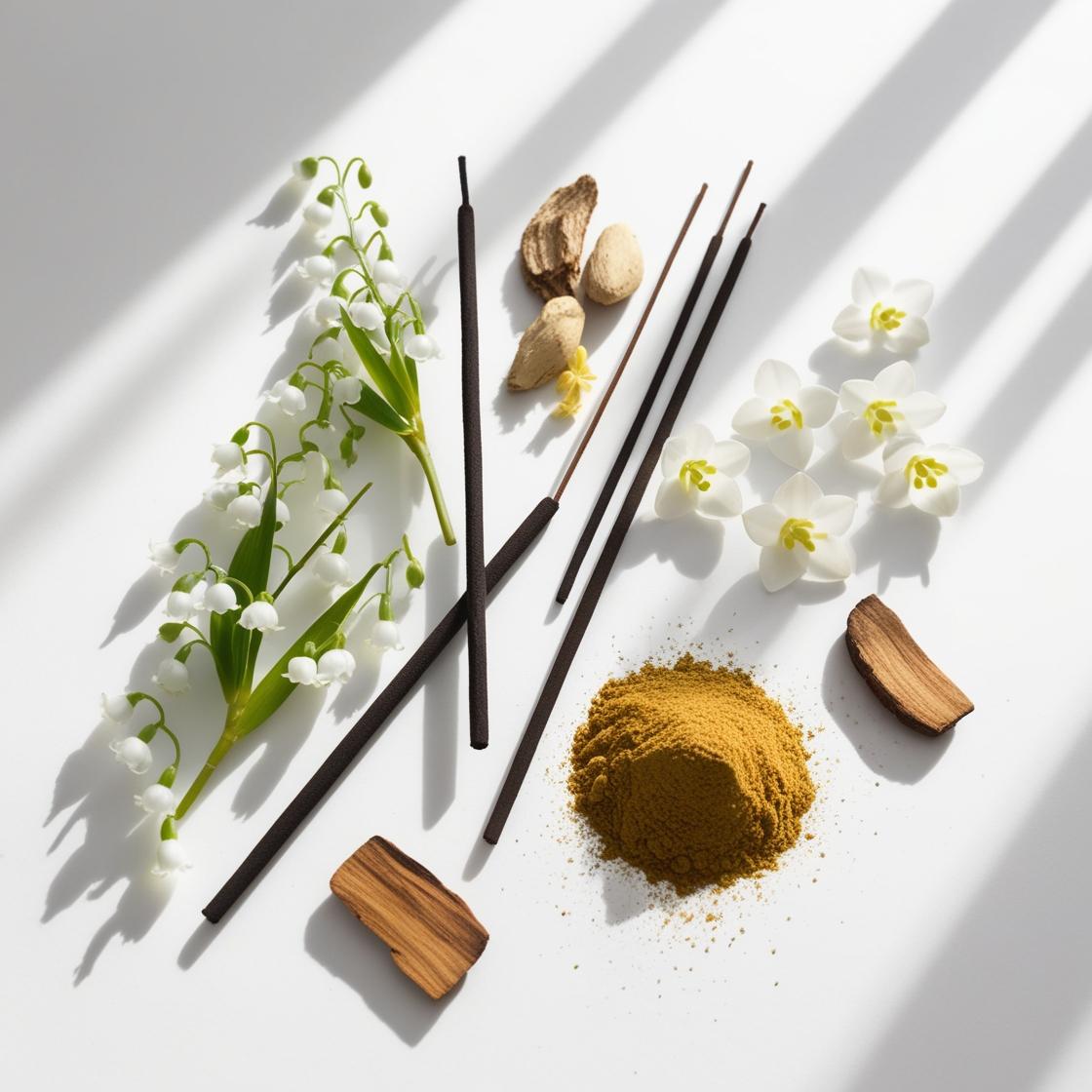 Incense, jasmine and myrrh representing the olfactory notes of the perfume.
