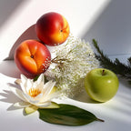 Nectarine, green apple and water hyacinth representing the olfactory notes of the perfume.