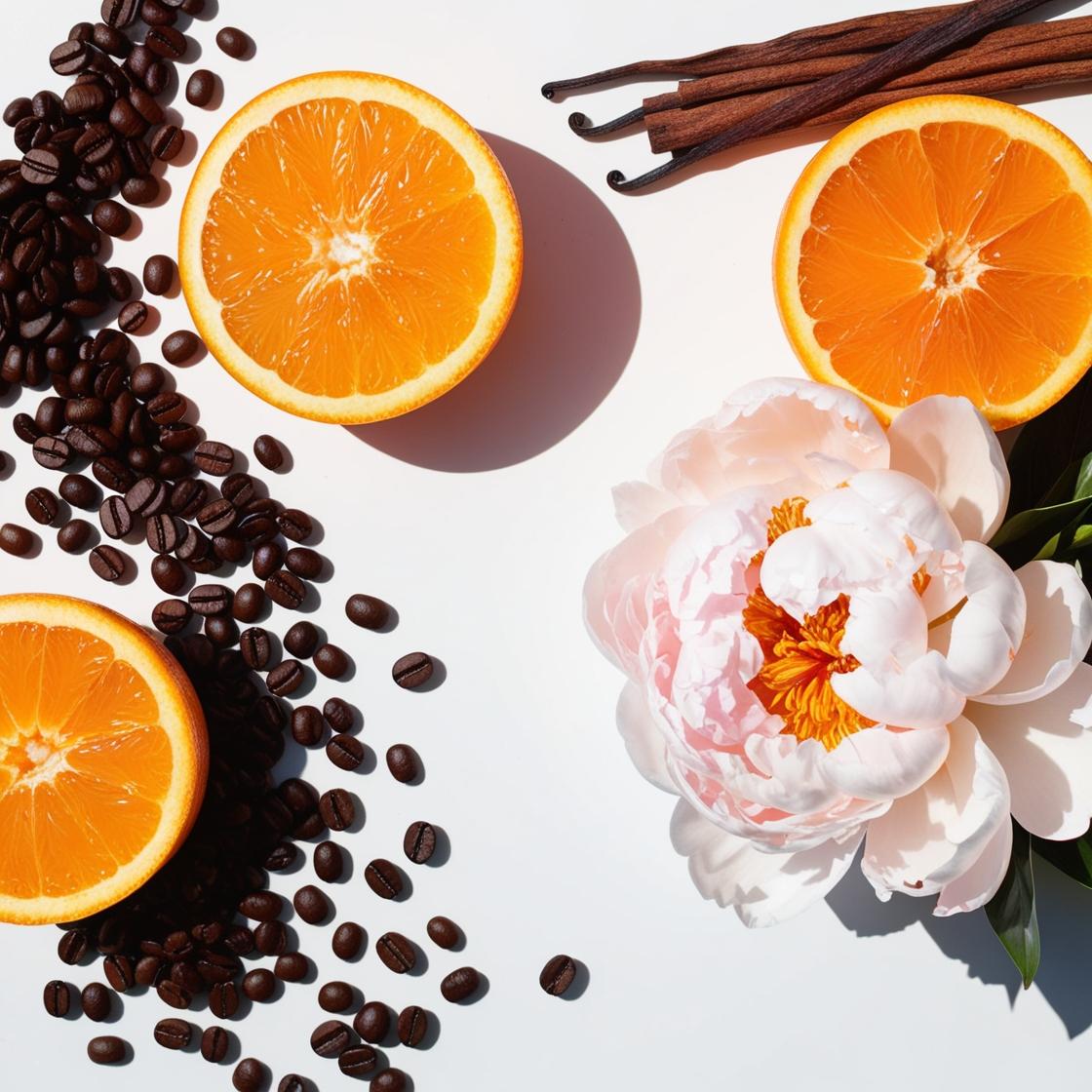 Mandarin, peony and coffee beans representing the olfactory notes of the perfume.