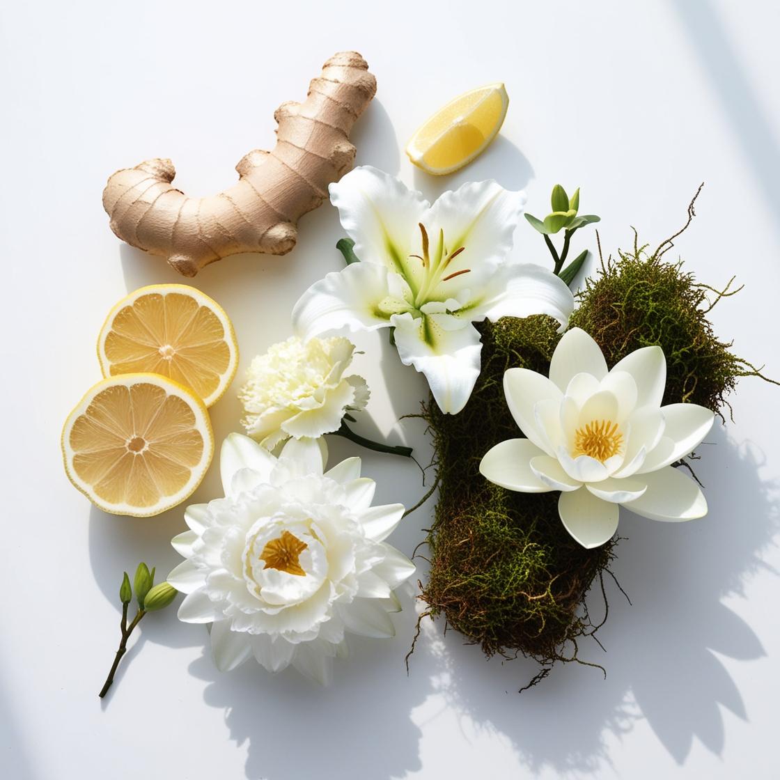 Ginger, lemon, lily and moss representing the olfactory notes of the perfume.