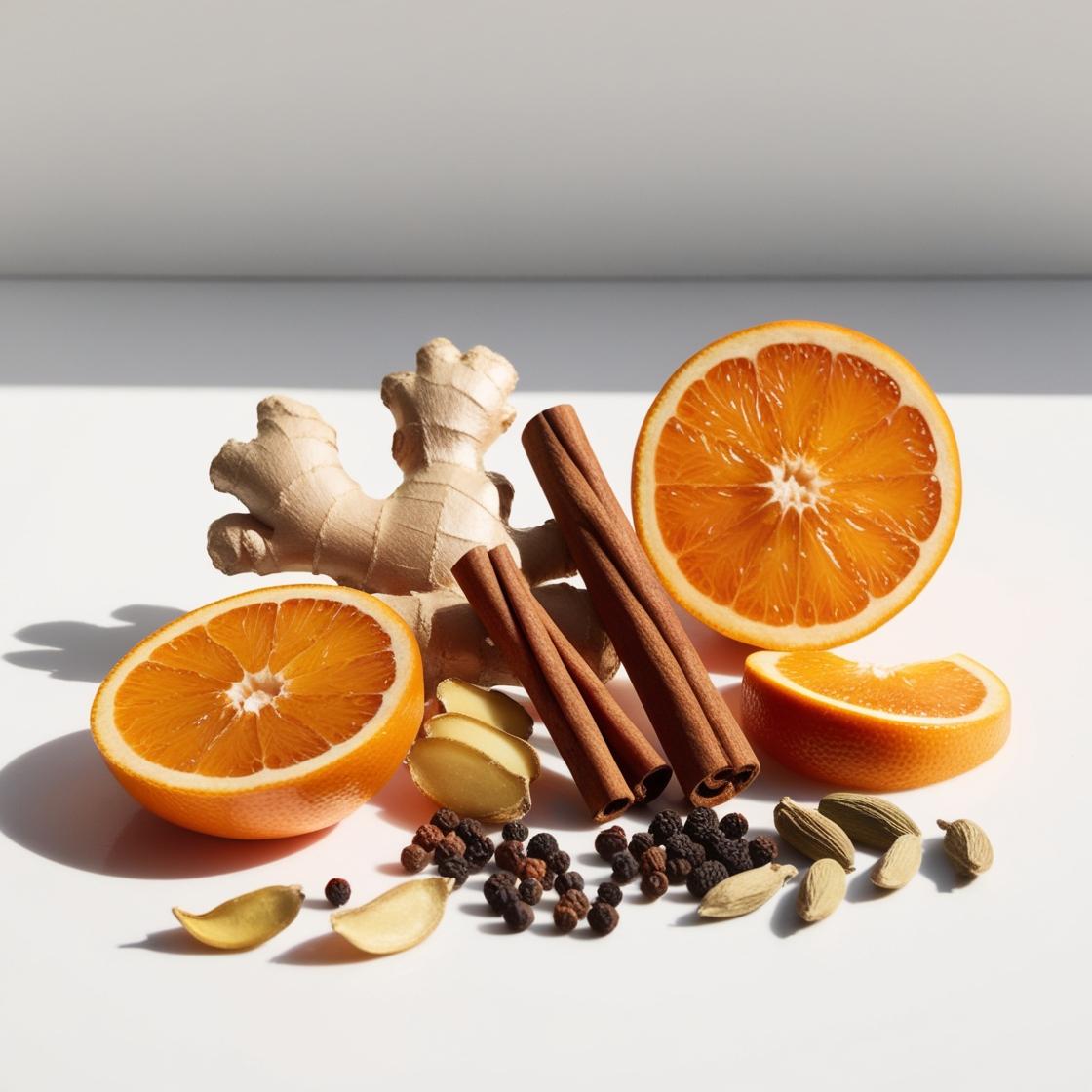 Mandarin, ginger, cinnamon and tonka bean representing the olfactory notes of the perfume.