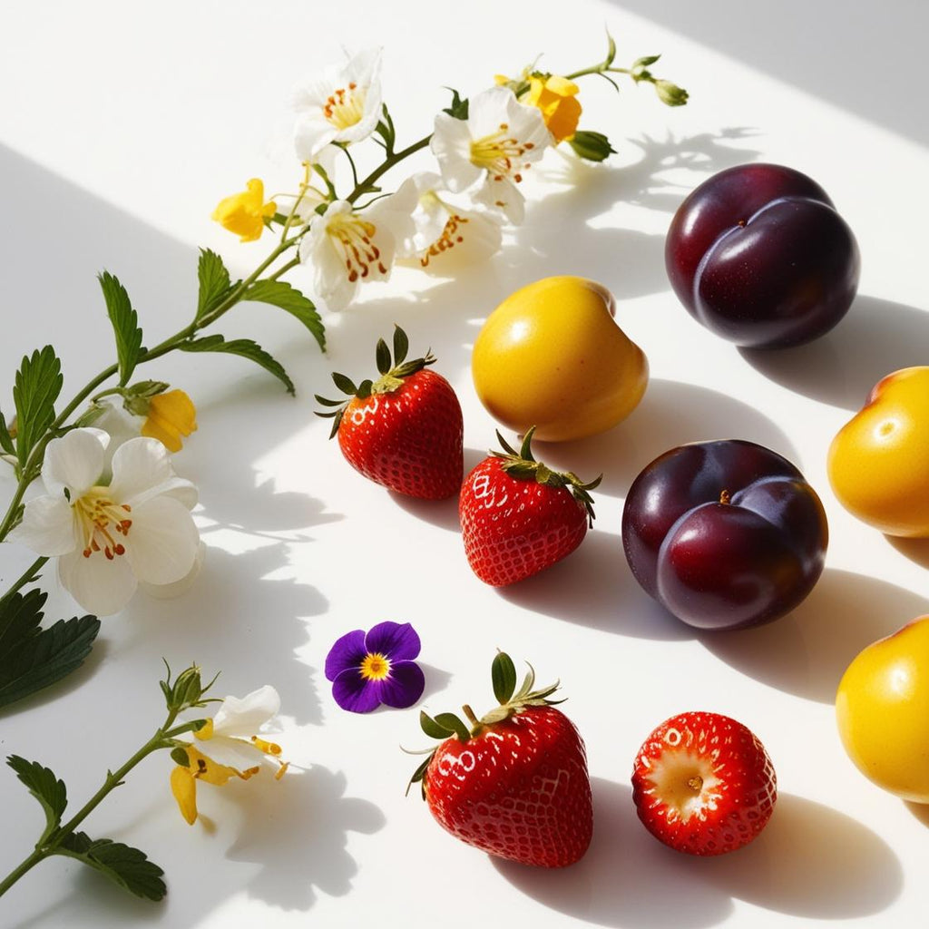 Lychee, plum, jasmine and strawberries representing the olfactory notes of the perfume.