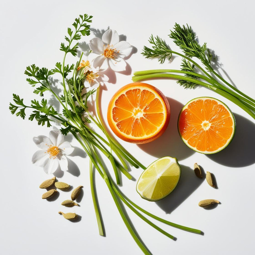 Mandarin, lime, bergamot and jasmine representing the olfactory notes of the perfume.