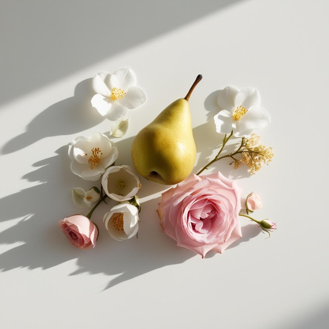 Pear and rose representing the olfactory notes of the perfume.
