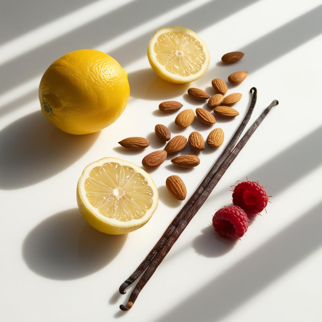 Lemon, bergamot, raspberry and vanilla representing the olfactory notes of the perfume.