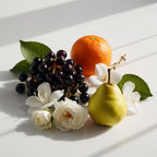 Orange, pear, blackcurrants and rose representing the olfactory notes of the perfume.