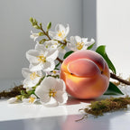 Jasmine, peach and moss representing the olfactory notes of the perfume.