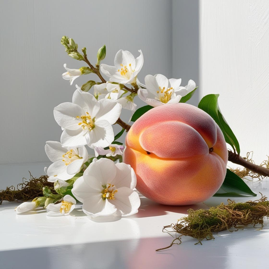 Jasmine, peach and moss representing the olfactory notes of the perfume.