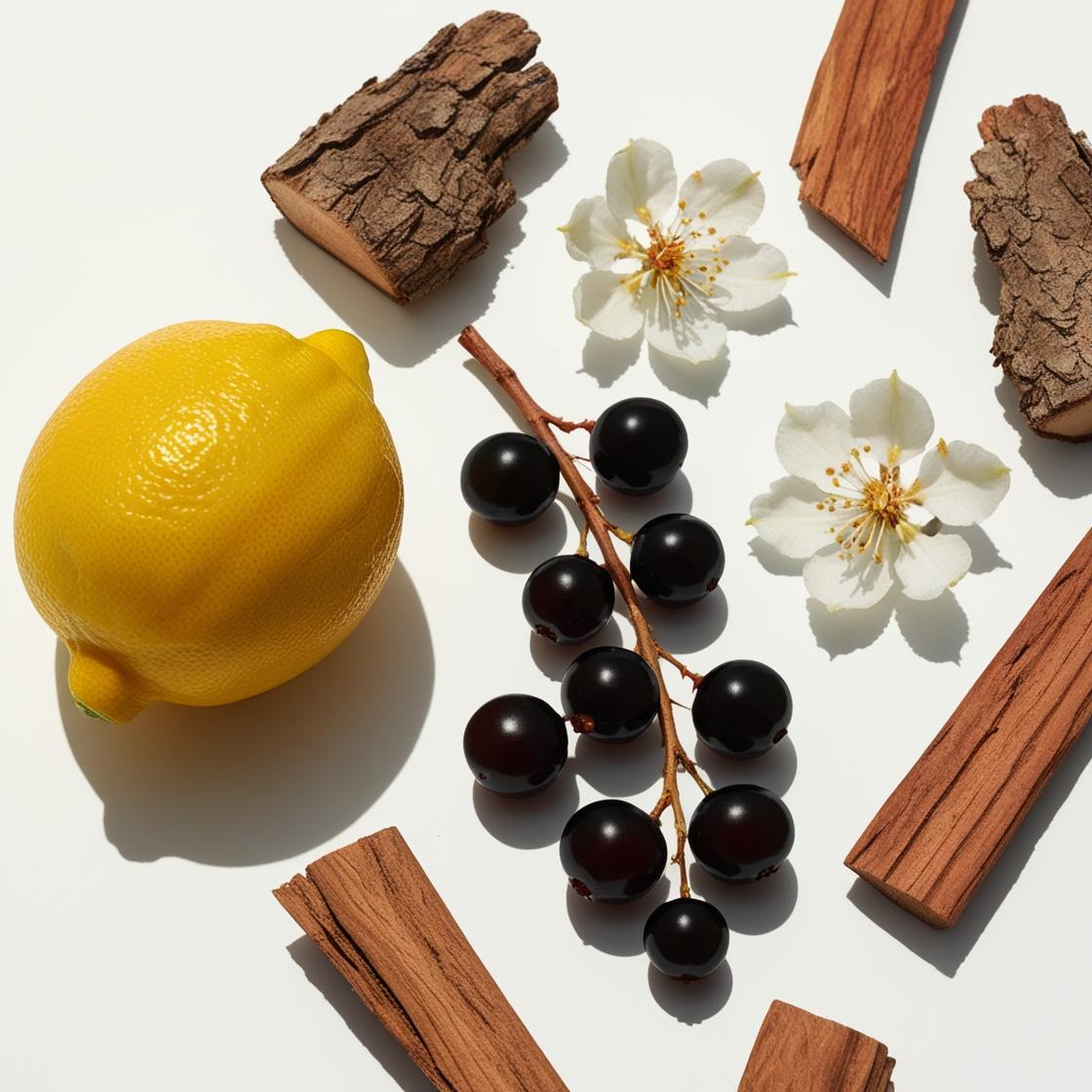 Lemon, wood and blackcurrants represent the olfactory notes of the perfume.