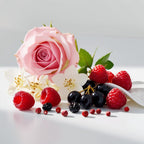 Rose, raspberry and pink pepper representing the olfactory notes of the perfume.