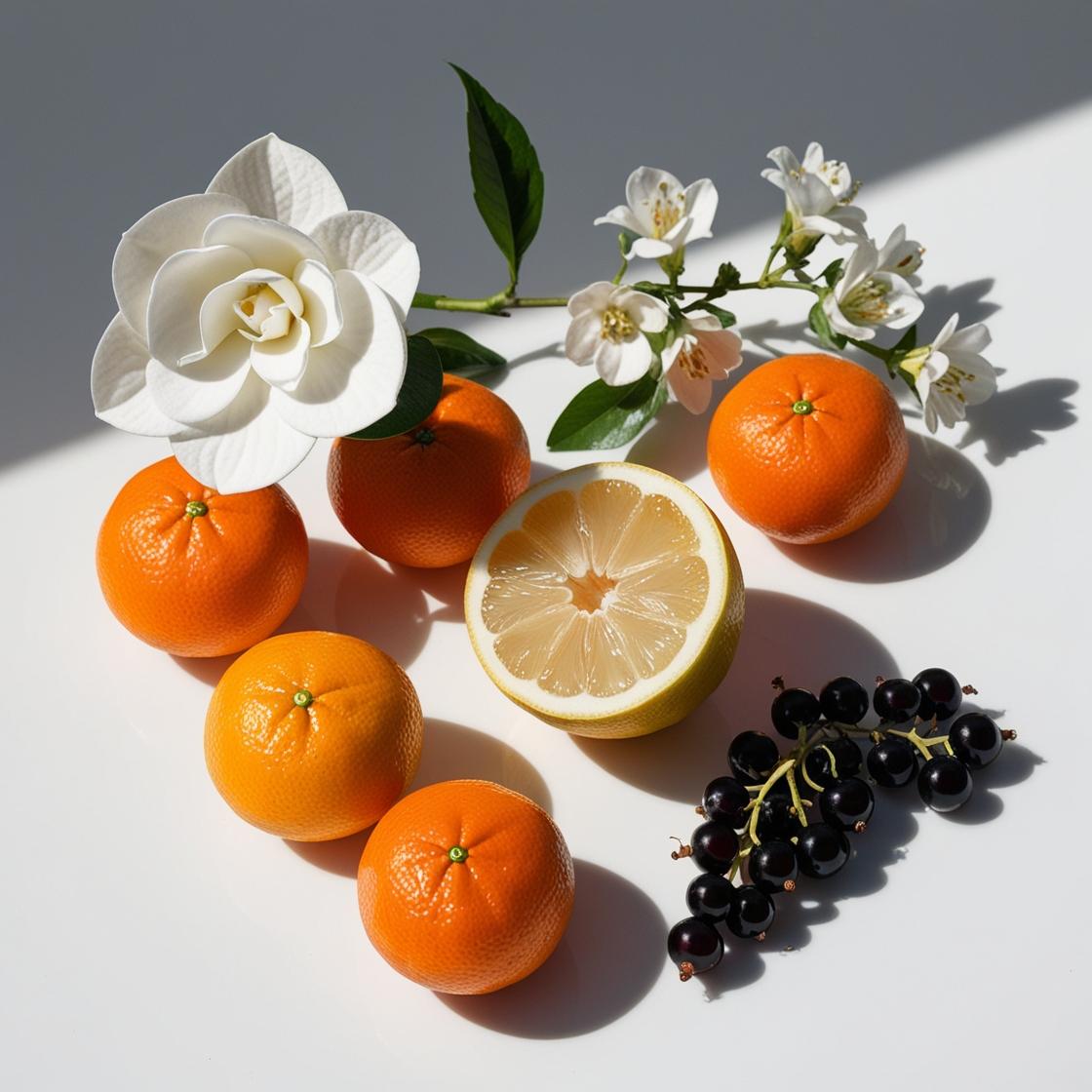 Mandarin, lemon, lotus flower and blackcurrants representing the olfactory notes of the perfume.