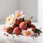 Rose, tuberose and lychee representing the olfactory notes of the perfume.