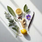 Lemon, ginger, vanilla and violet representing the olfactory notes of the perfume.