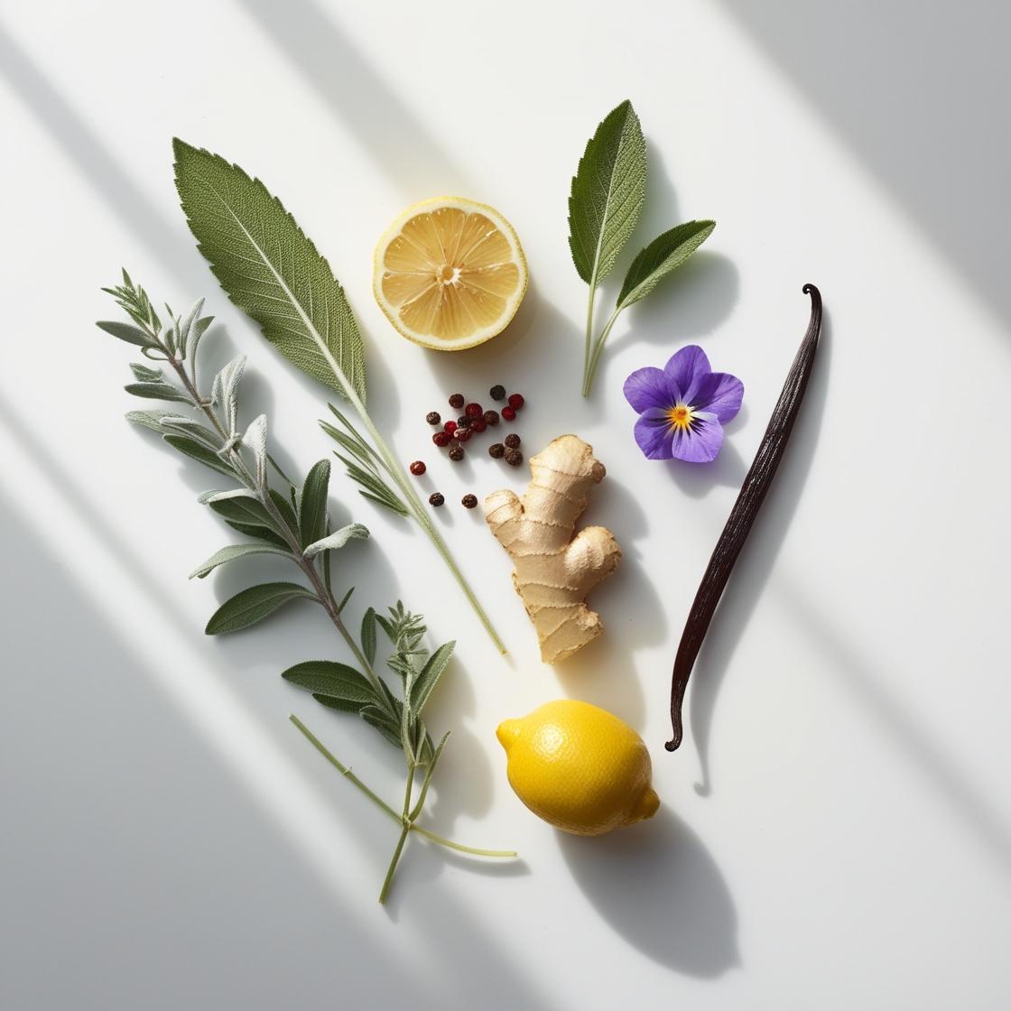 Lemon, ginger, vanilla and violet representing the olfactory notes of the perfume.
