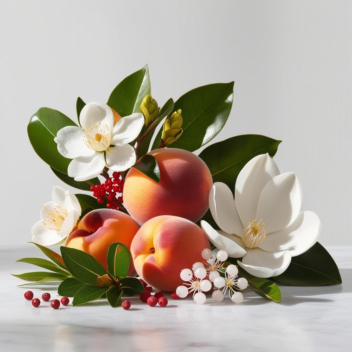 Peach, white cuaba flower and magnolia representing the olfactory notes of the perfume.