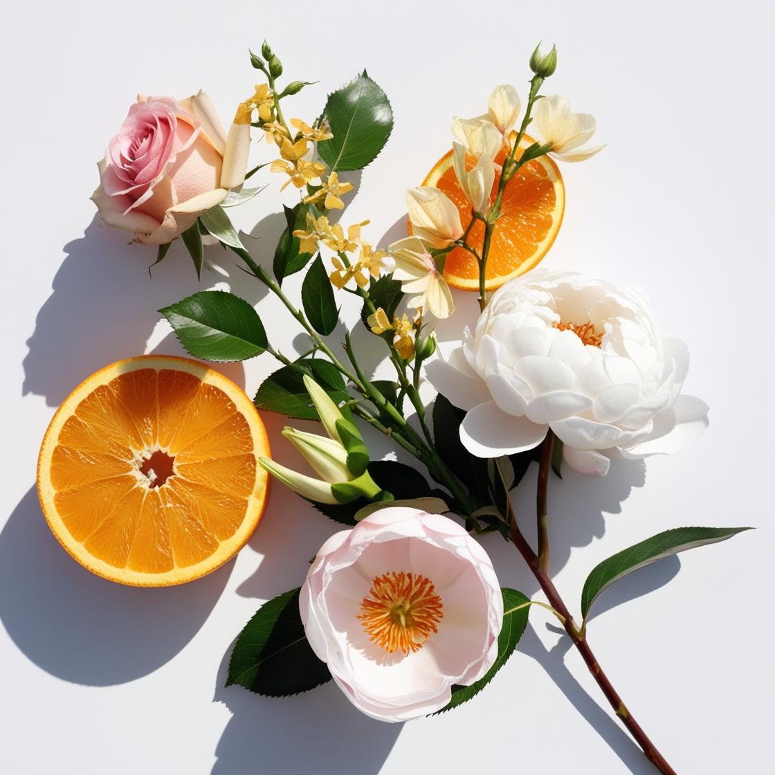 Orange, rose and tiare flower representing the olfactory notes of the perfume.
