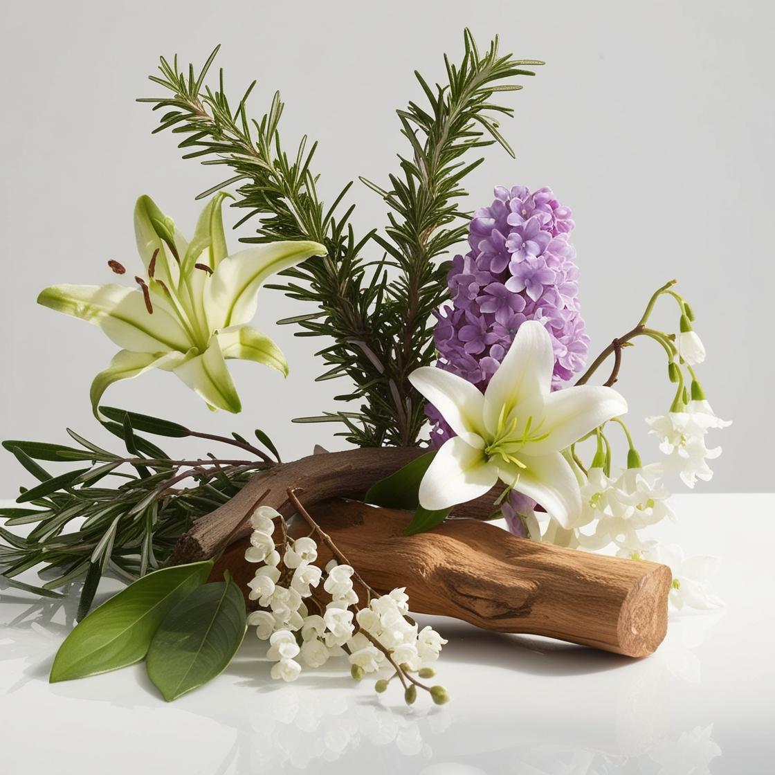 Rosemary, lily, jasmine, iris and civet representing the olfactory notes of the perfume.