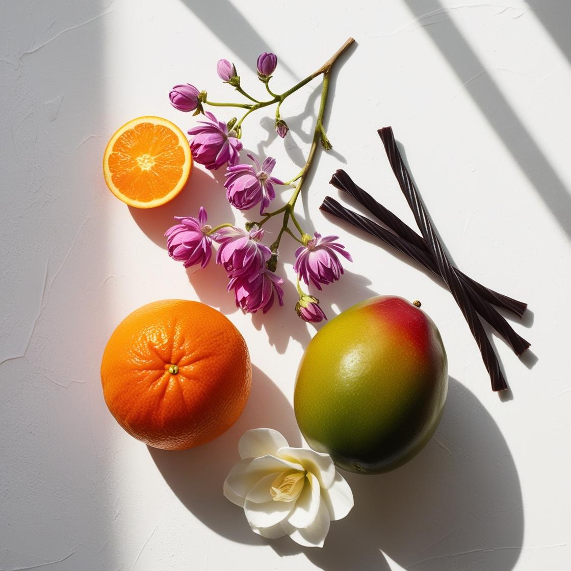Mandarin, licorice, mango and gardenia representing the olfactory notes of the perfume.