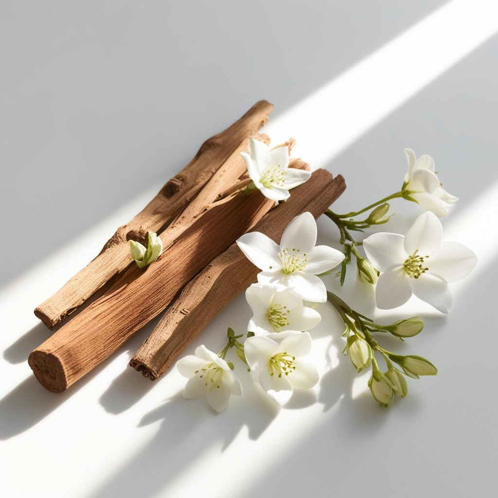 Sandalwood and jasmine representing the olfactory notes of the perfume.
