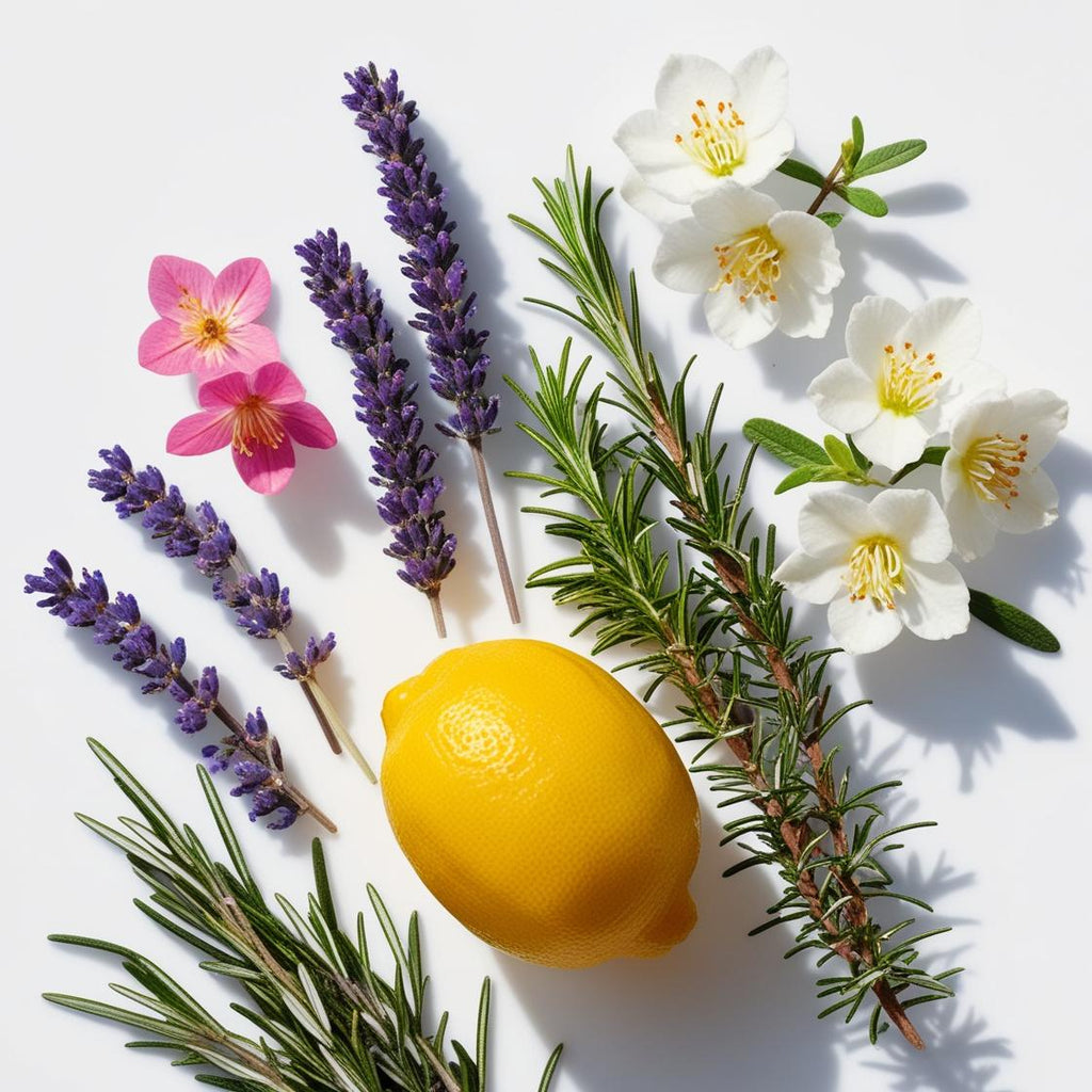 Lemon, lavender, jasmine and rosemary representing the olfactory notes of the perfume.