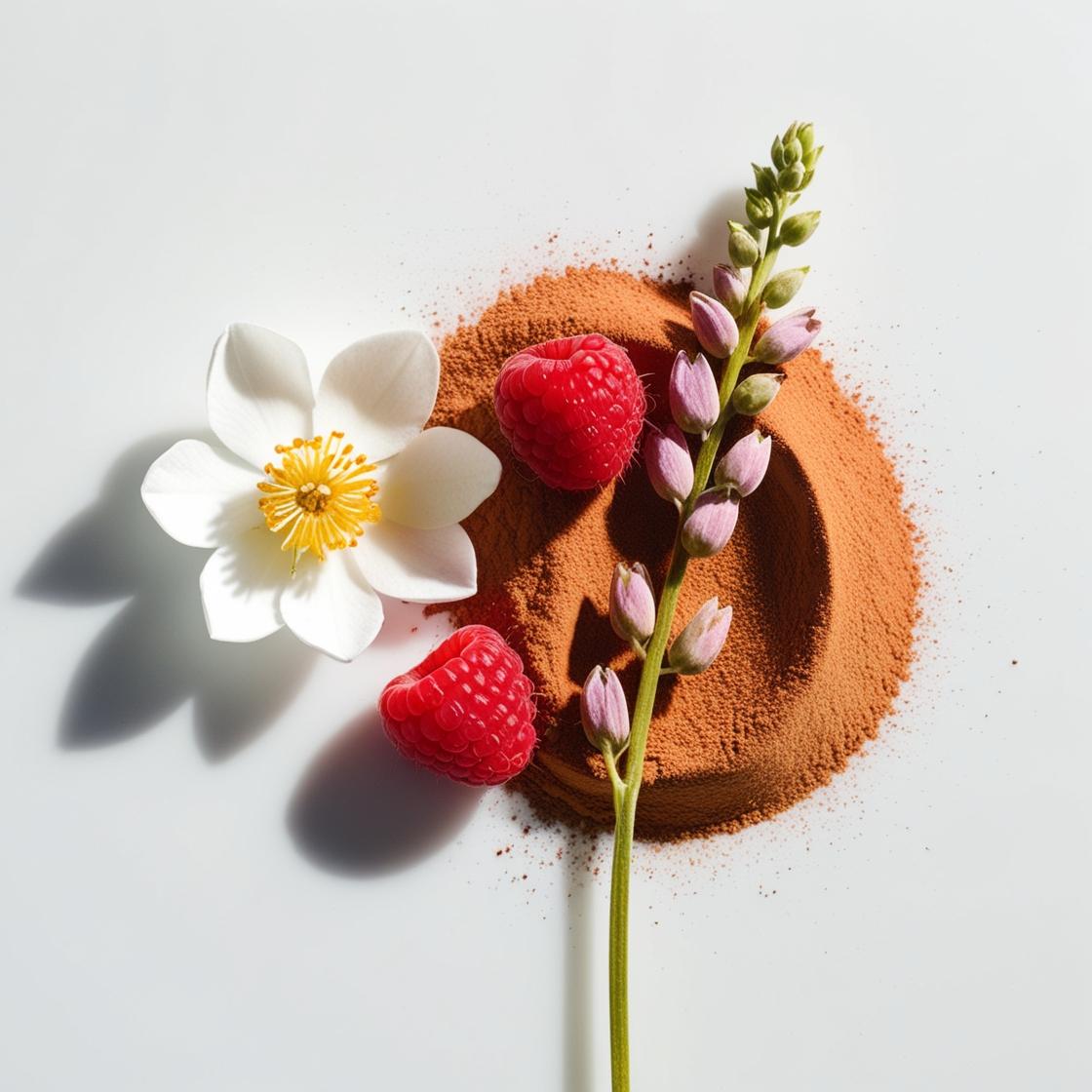 Orange blossom, raspberry and cocoa representing the olfactory notes of the perfume.