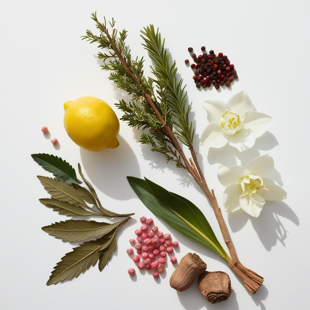 Olfactory notes of the perfume with sparkling lemon, pink pepper, white flowers, aromatic leaves, dry woods and a spicy touch.