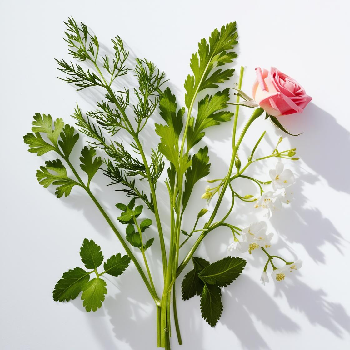Rose and coriander representing the olfactory notes of the perfume.