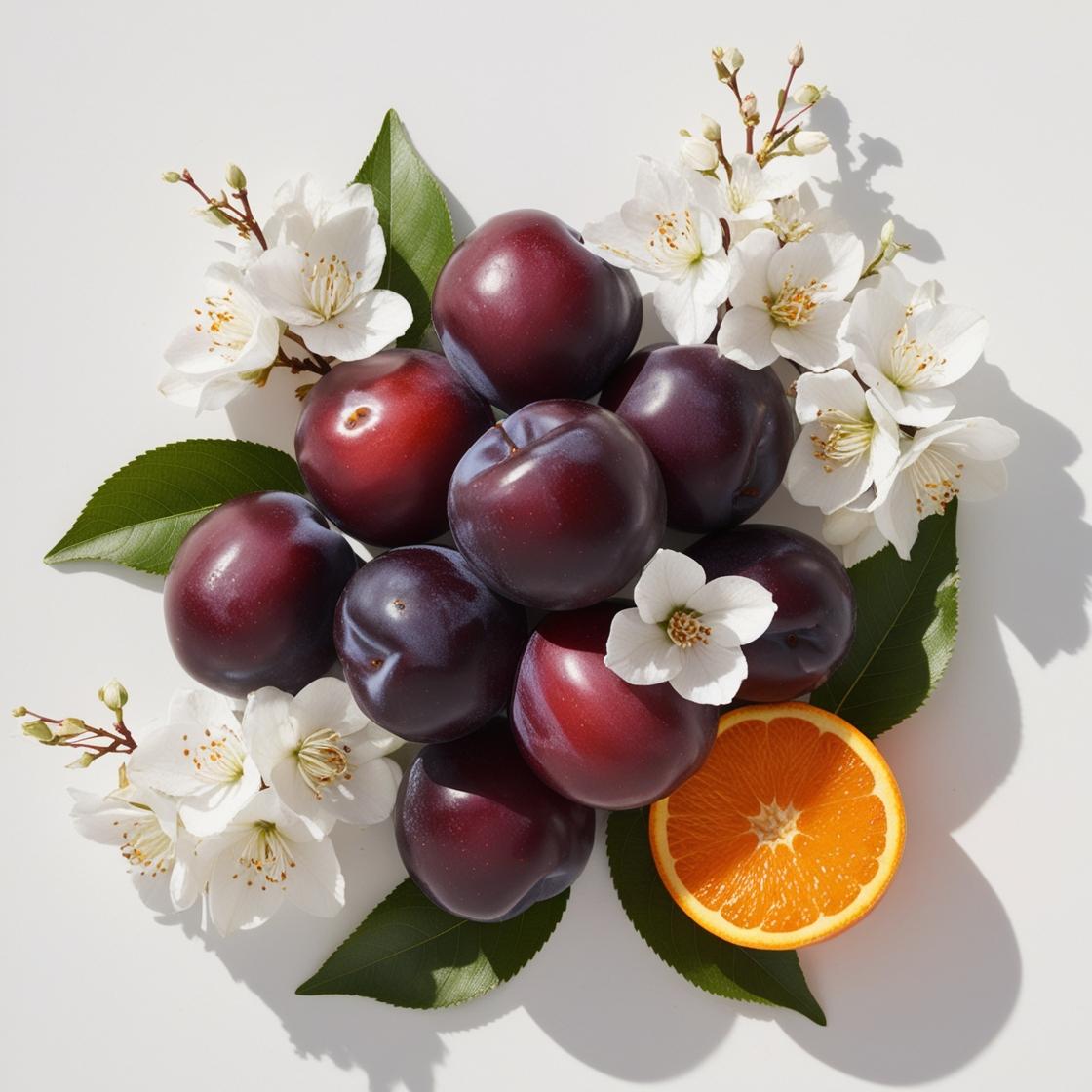 Plum and orange blossom representing the olfactory notes of the perfume.