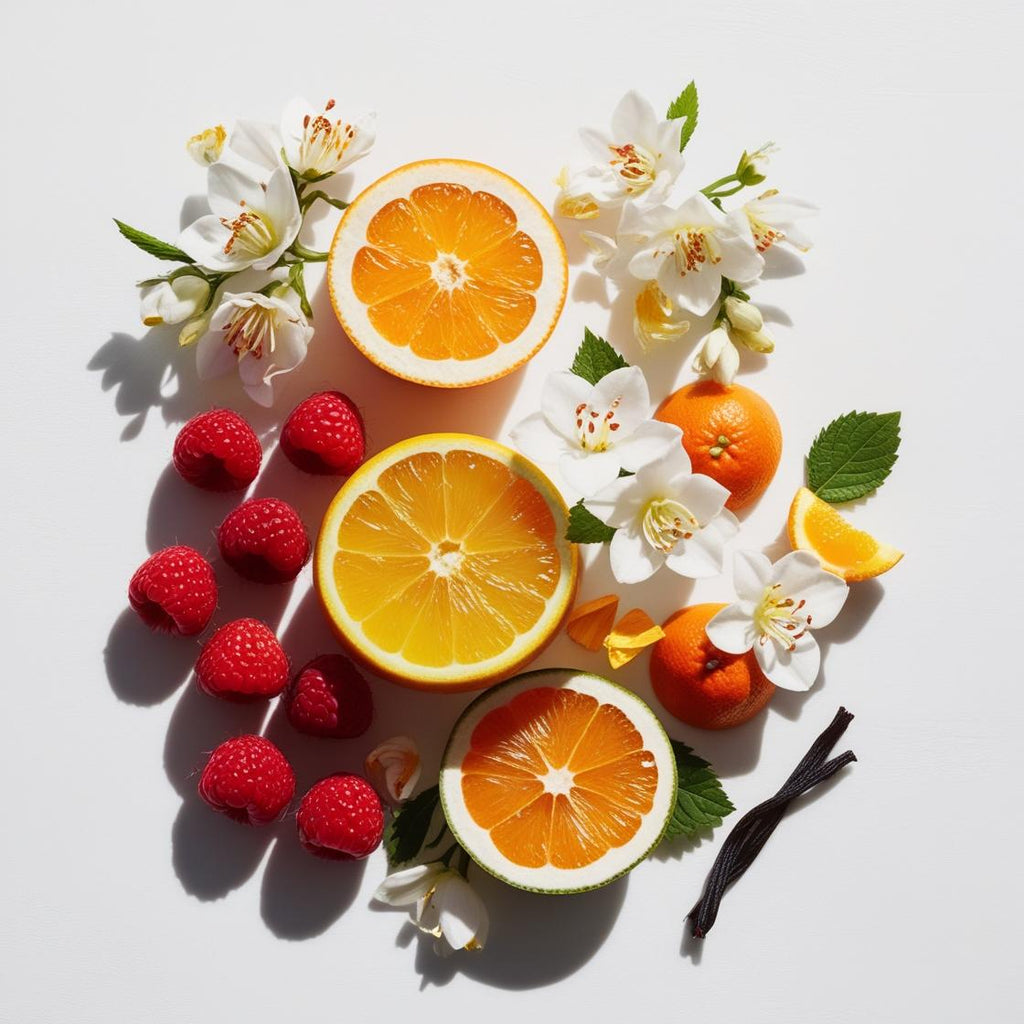 Raspberry, mandarin and orange blossom representing the olfactory notes of the perfume.