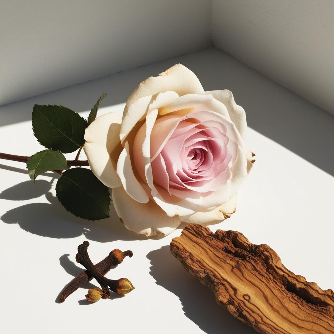 Damask rose, clove and wood representing the olfactory notes of the perfume.