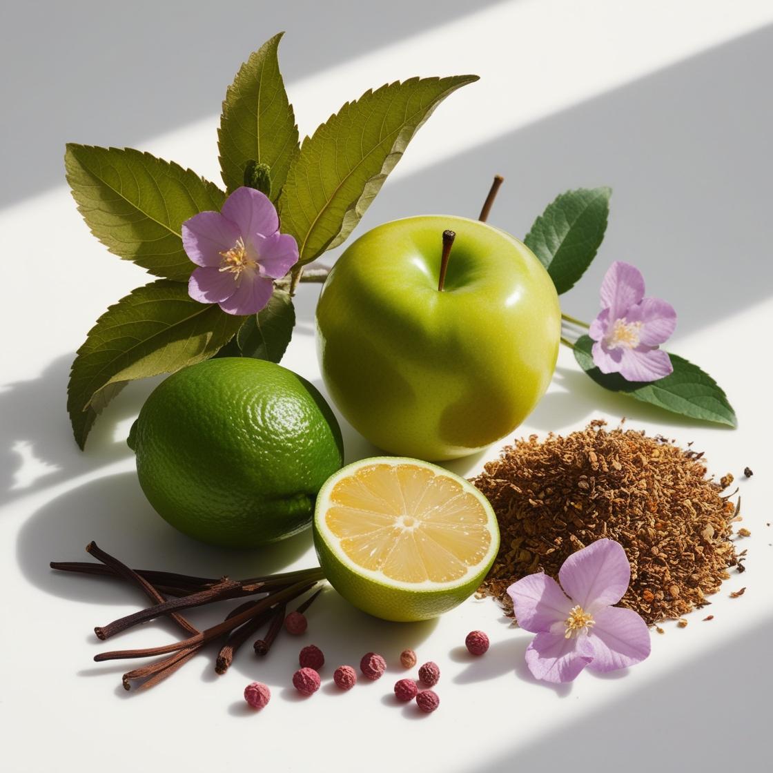 Green apple, lemon, violet and pink pepper representing the olfactory notes of the perfume.