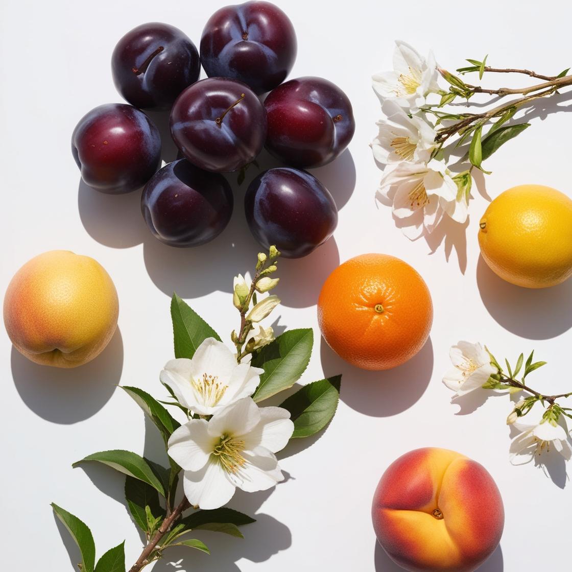Plum, lemon, orange and jasmine representing the olfactory notes of the perfume.