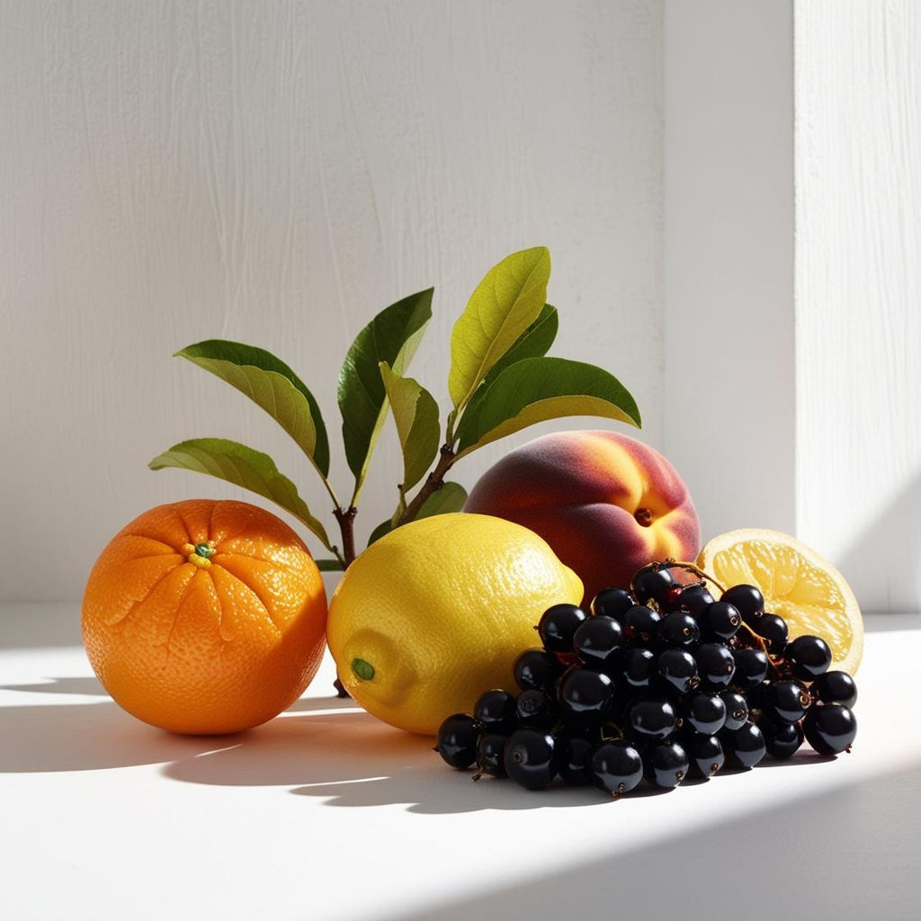 Mandarin, lemon, peach and blackcurrants representing the olfactory notes of the perfume.