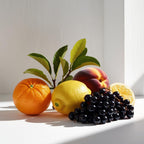 Mandarin, lemon, peach and blackcurrants representing the olfactory notes of the perfume.
