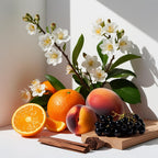 Mandarin, jasmine, peach and cedar representing the olfactory notes of the perfume.